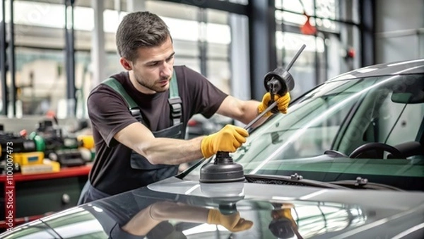 Fototapeta A Mechanic Replacing a Windshield on a Car