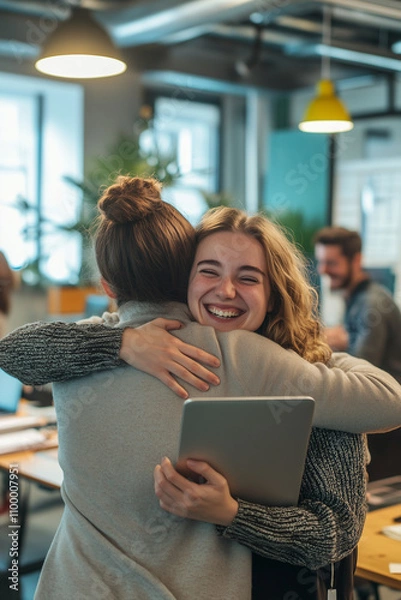 Obraz Two smiling colleagues share a heartfelt hug in a modern office setting, celebrating International Hug Day and fostering workplace camaraderie.  
