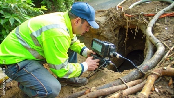 Fototapeta Worker in safety vest inspecting a sewer line with a camera