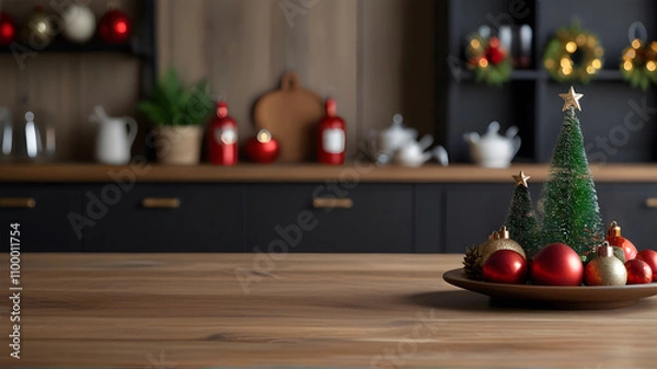 Fototapeta Kitchen blurred background with an empty wooden table or counter, Christmas decorations, and lights, selective focus, for product presentation.