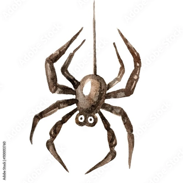 Fototapeta Hand-painted cartoon spider descending on a thread of its web, created in watercolor. Perfect for Halloween designs, children's books, crafts, and playful decorations.