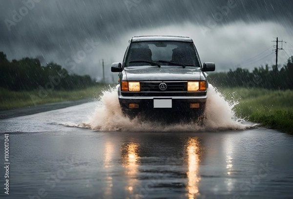 Obraz car rides in heavy rain on a flooded road