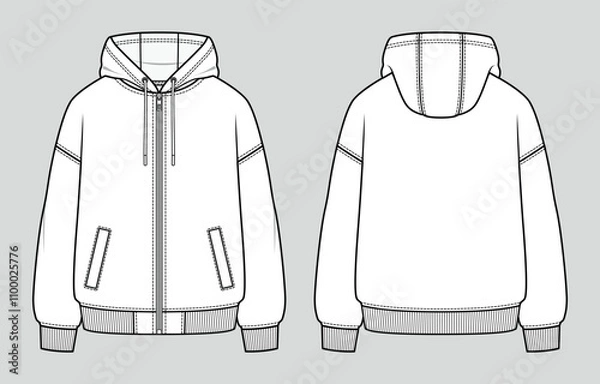 Fototapeta Front zip basic hoodie with kangaroo pocket. Unisex casual clothing. Vector technical sketch. Mockup template.