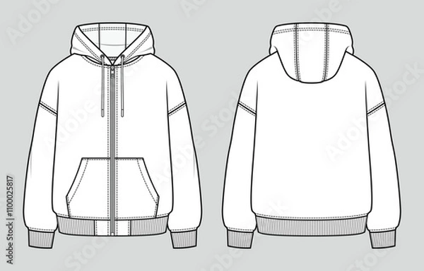 Fototapeta Front zip basic hoodie with front pockets. Unisex casual clothing. Vector technical sketch. Mockup template.
