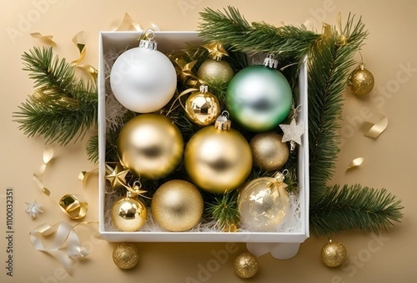 Obraz Top view photo of christmas decorations on isolated Gold background