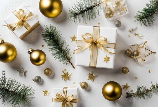 Obraz Top view photo of christmas decorations on isolated White background