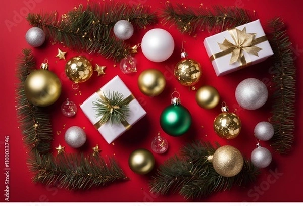 Obraz Top view photo of christmas decorations on isolated Red background