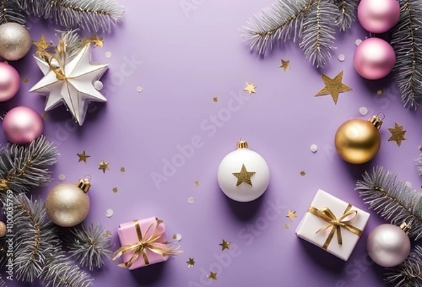 Obraz  Top view photo of christmas decorations on isolated purple background with empty space
