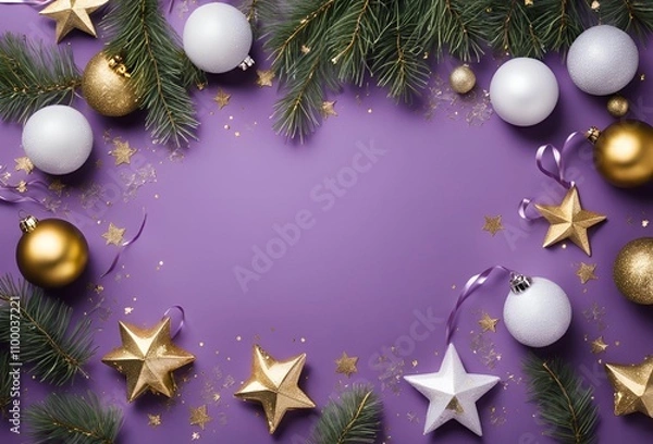 Fototapeta Top view photo of christmas decorations on isolated purple background with empty space