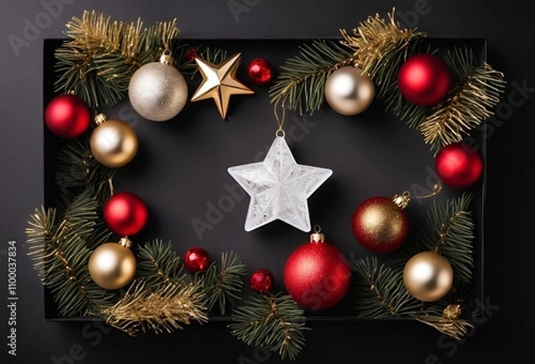 Fototapeta Top view photo of christmas decorations on isolated black background