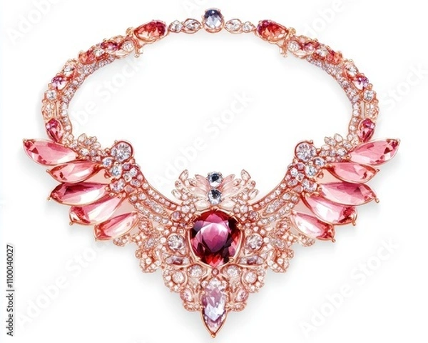 Obraz Exquisite pink gemstone necklace with intricate design and sparkling details.