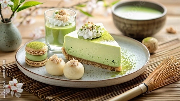 Fototapeta Vibrant matcha desserts: cheesecake, parfait, macarons, and mochi, styled elegantly on a wooden table with Japanese tea ceremony elements.
