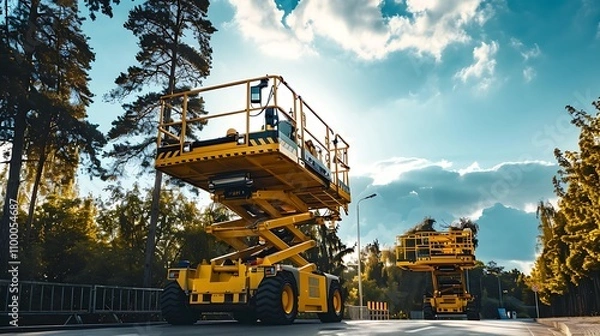 Fototapeta Two yellow scissor lift machines positioned on a road, surrounded by trees under a bright sky.