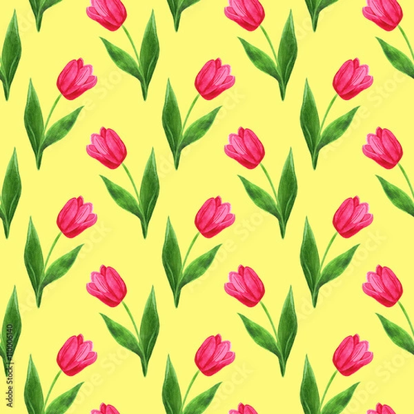 Fototapeta watercolor seamless tulips pattern yellow background