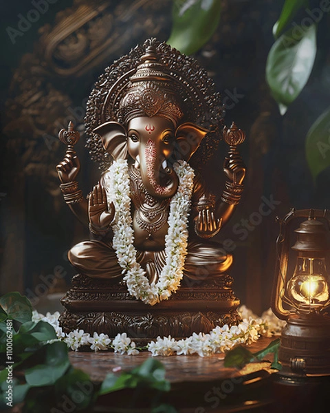 Fototapeta A bronze Ganesha idol on an intricately designed wooden pedestal, adorned with soft garlands of jasmine flowers and a glowing oil lamp beside it