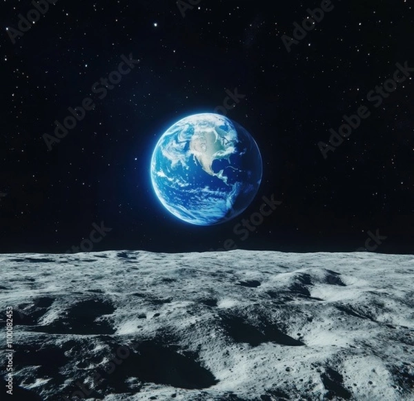Fototapeta A blue Earth seen from the moon, with a space background, in the style of ultra-realistic photography.