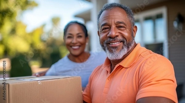 Fototapeta A couple smiling while holding a cardboard box in a cheerful and sunny environment, representing moments of happiness and connection through teamwork and delivery.