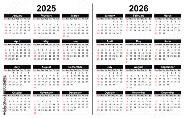 Obraz 2025 and 2026 Calendar Template Vector