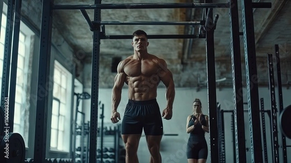 Fototapeta Handsome muscular young man in black sportswear walks by the gym. Man hops to grab a horizontal bar and does pull ups. Lady doing squats with weights