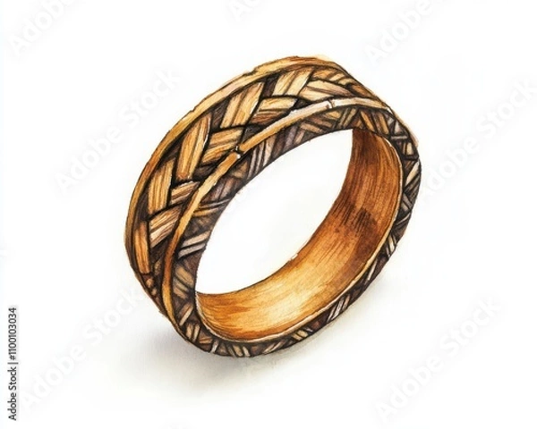 Obraz Artistic wooden ring with intricate braided design, white isolate background