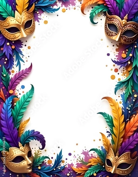 Obraz frame with colorful masks, Mardi Gras frame of colorful masks, Mardi Gras colorful frame background, Mardi Gras border, Watercolor Mardi Gras masks Frame.	