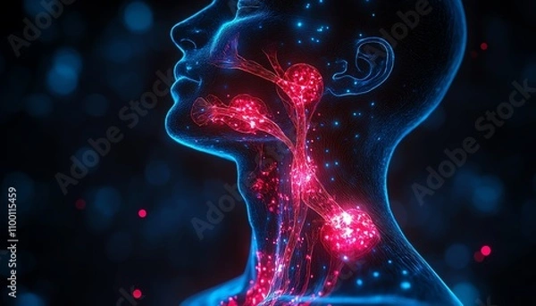 Fototapeta Glowing throat anatomy in vibrant red and blue, illustrating detailed vascular and muscular structures