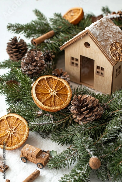 Fototapeta christmas arrangement centerpiece close-up with dried oranges, cinnamon and pine branches around little wooden houses