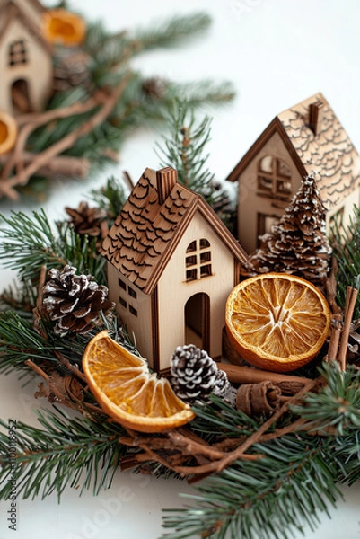 Fototapeta christmas arrangement centerpiece close-up with dried oranges, cinnamon and pine branches around little wooden houses