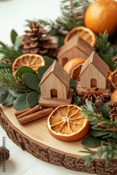 Fototapeta christmas arrangement centerpiece close-up with dried oranges, cinnamon and pine branches around little wooden houses