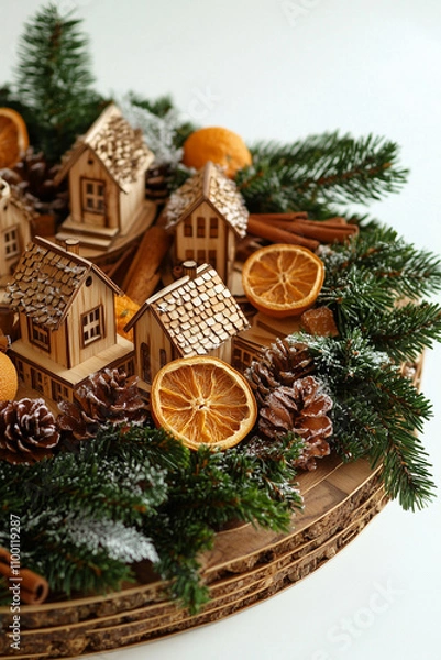 Fototapeta christmas arrangement centerpiece close-up with dried oranges, cinnamon and pine branches around little wooden houses