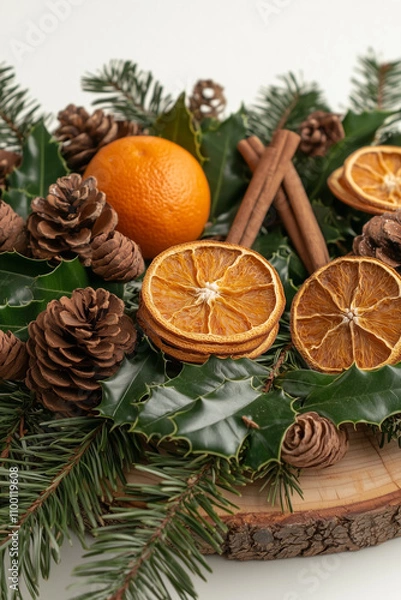 Fototapeta christmas decorations close-up with dried oranges, cinnamon and pine branches
