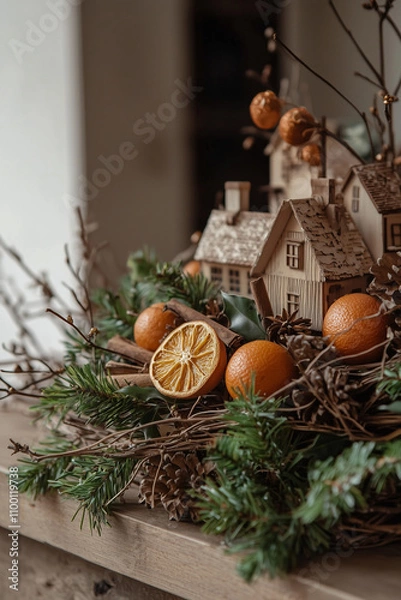 Fototapeta christmas arrangement with dried oranges, cinnamon and branches around little wooden houses
