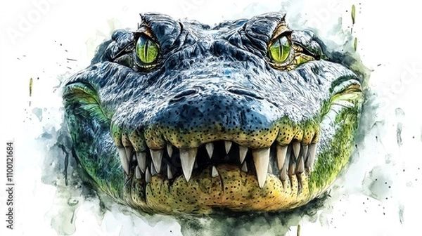 Fototapeta A highly detailed watercolor alligator with rough green scales, sharp teeth, and intense gaze isolated on white background