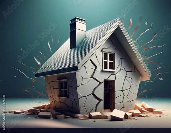 Fototapeta Exploding miniature house showing property insurance, earthquake damage, and demolition concepts