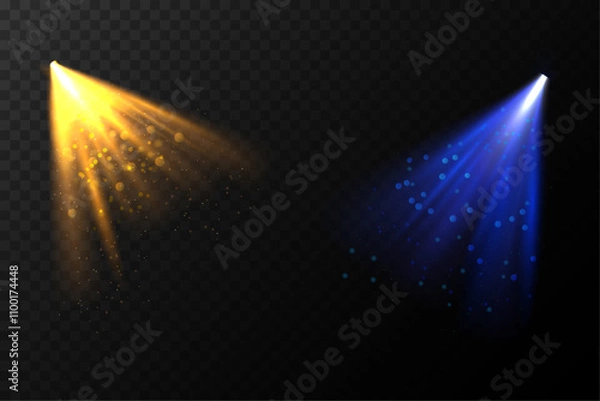 Fototapeta Dynamic golden and blue glowing spotlights with sparkling particles on a transparent background, perfect for festive, theatrical, or abstract designs