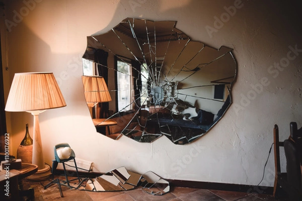 Fototapeta Espejo roto colgado de la pared. Generado con IA