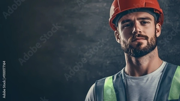 Fototapeta Construction professional with a hard hat and reflective vest, captured against a backdrop of scaffolding and ongoing construction work