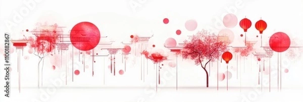 Fototapeta Elegant abstract red ink wash with lanterns and trees on white background. Happy Chinese New Year
