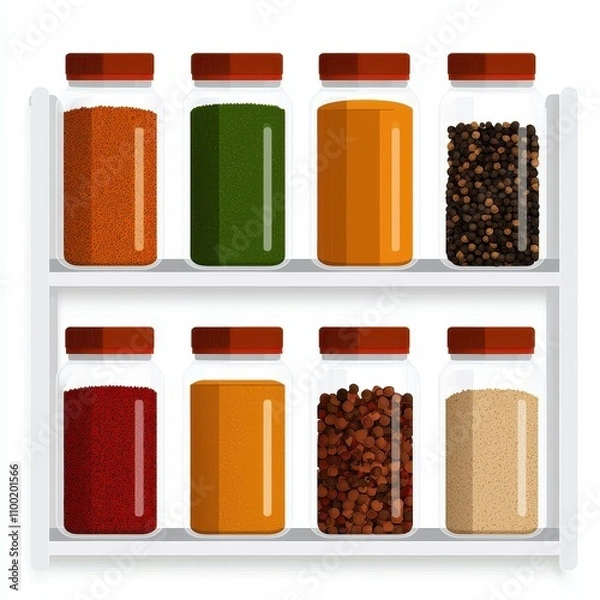 Fototapeta Colorful Spice Jars on a White Shelf for Culinary Inspiration