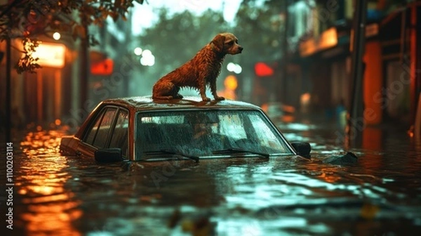 Fototapeta Solitary dog on car amidst street flooding chaos.