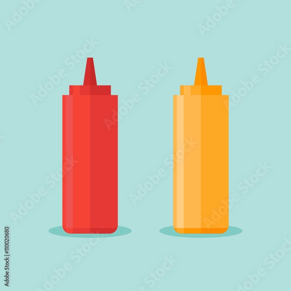 Obraz Bottles of ketchup and mustard isolated on blue background. Vector illustration.