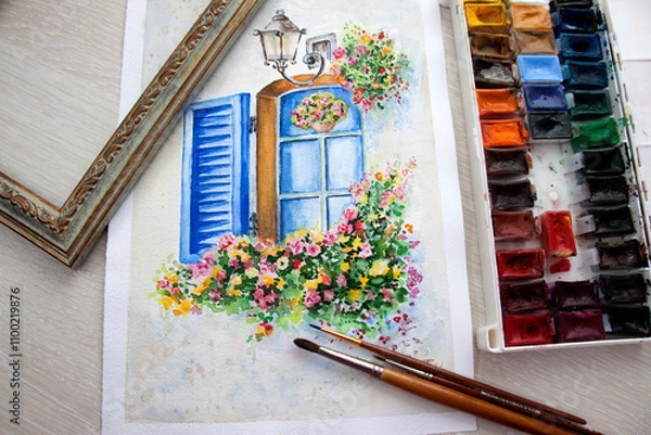 Obraz Illustration of a window with a lantern and flowers