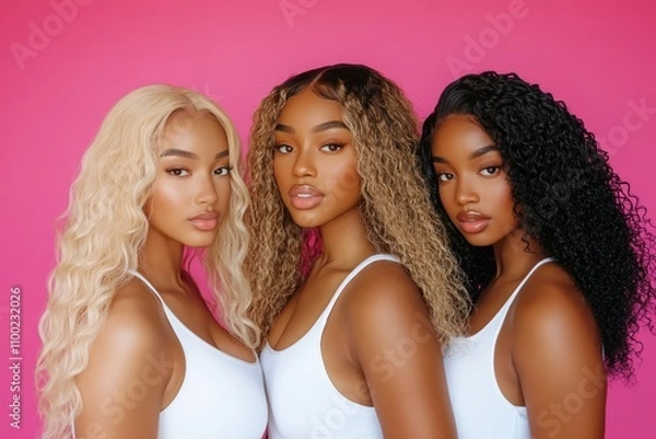 Fototapeta Three beautiful African American hair models wearing lace front wigs with different textures and long styles in white tank tops