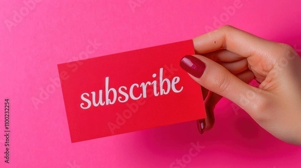 Obraz A hand holding a red card with the word subscribe written on it