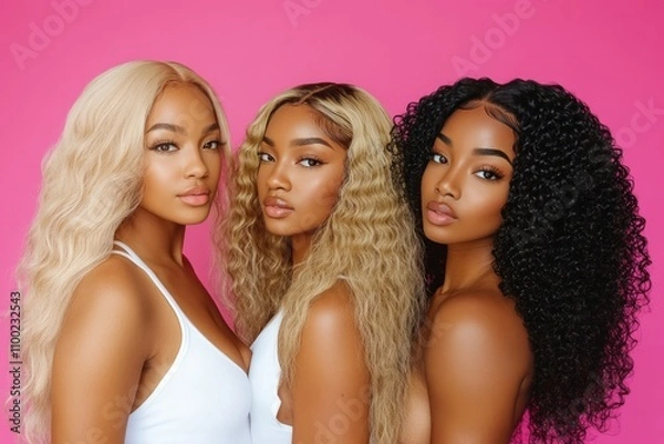 Fototapeta Three beautiful African American hair models wearing lace front wigs with different textures and long styles in white tank tops