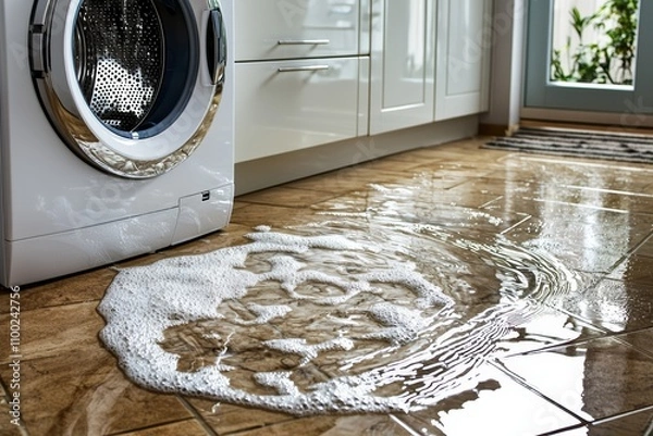 Obraz Washing machine leak creating soapy water on tiled floor in modern laundry room.