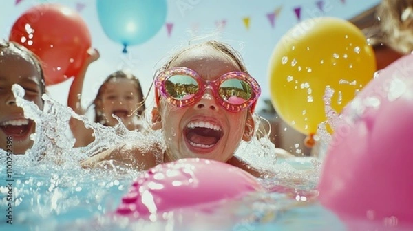 Obraz Joyful summer fun at the pool with colorful balloons and playful kids enjoying in the water with big smiles.