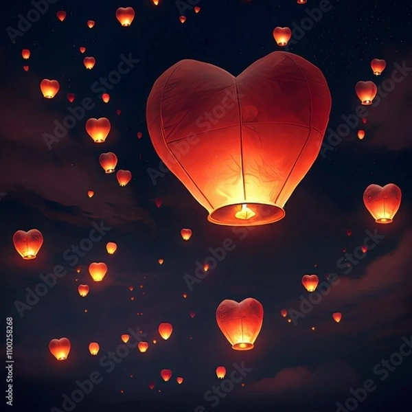 Obraz Heart-Shaped Lanterns Soaring into the Night Sky