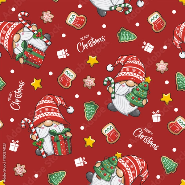Obraz Seamless Pattern Gnome Santa Claus On Red Background. Cute Cartoon Illustration