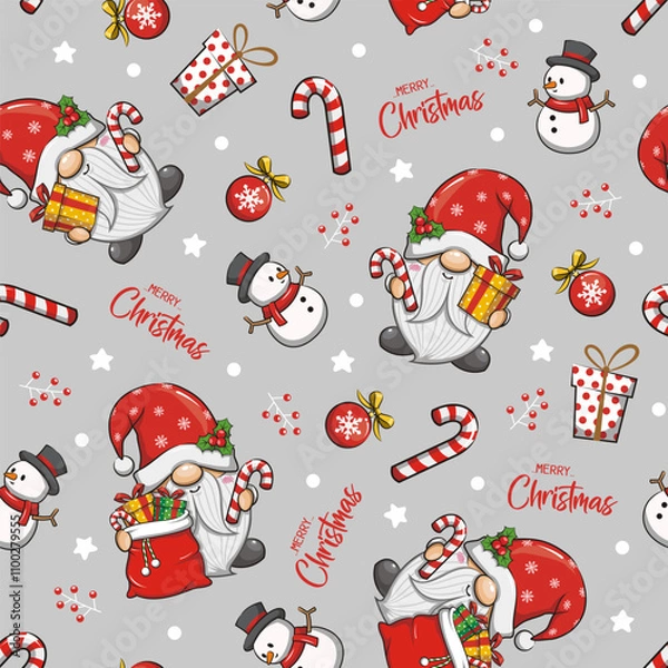 Obraz Seamless Pattern Gnome Santa Claus On Grey Background. Cute Cartoon Illustration